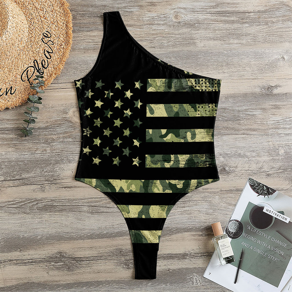 Camouflage American Flag Print One Shoulder Bodysuit