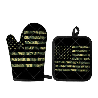 Camouflage American Flag Print Oven Mitt And Pot Holder Set