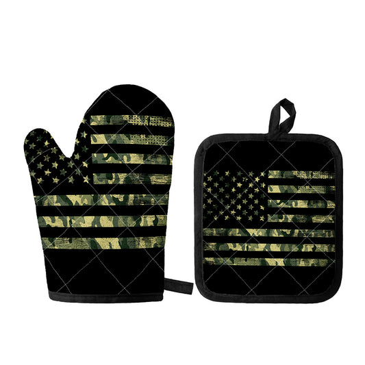 Camouflage American Flag Print Oven Mitt And Pot Holder Set