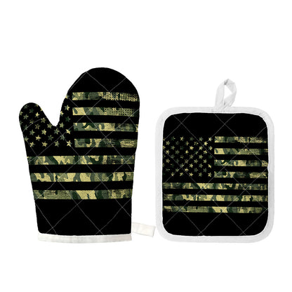 Camouflage American Flag Print Oven Mitt And Pot Holder Set