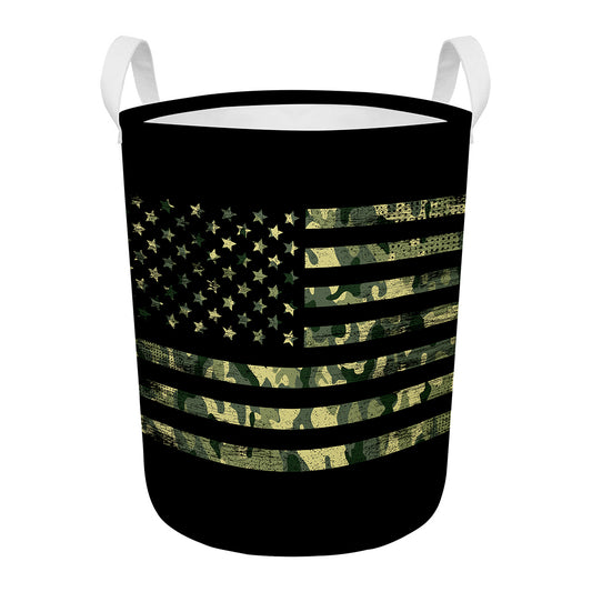 Camouflage American Flag Print Round Laundry Basket