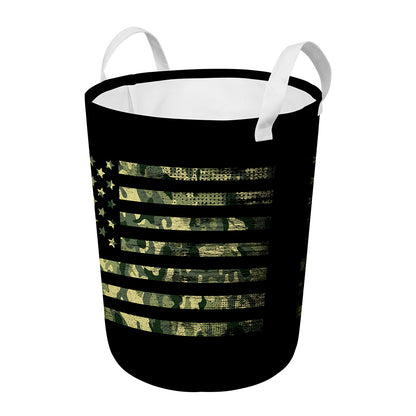 Camouflage American Flag Print Round Laundry Basket