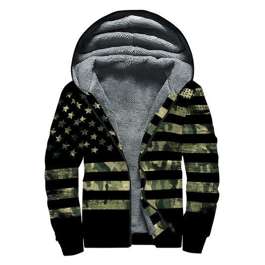 Camouflage American Flag Print Sherpa Lined Zip Up Hoodie