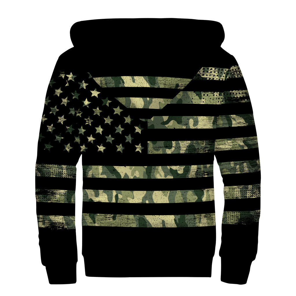 Camouflage American Flag Print Sherpa Lined Zip Up Hoodie