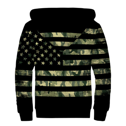 Camouflage American Flag Print Sherpa Lined Zip Up Hoodie
