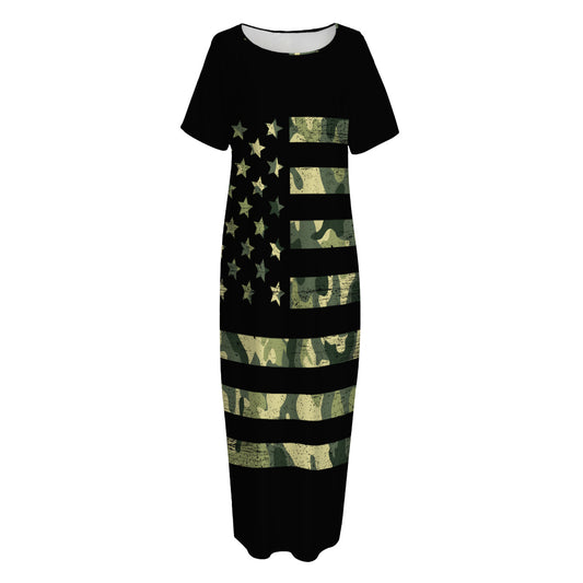 Camouflage American Flag Print Short Sleeve Long Nightdress