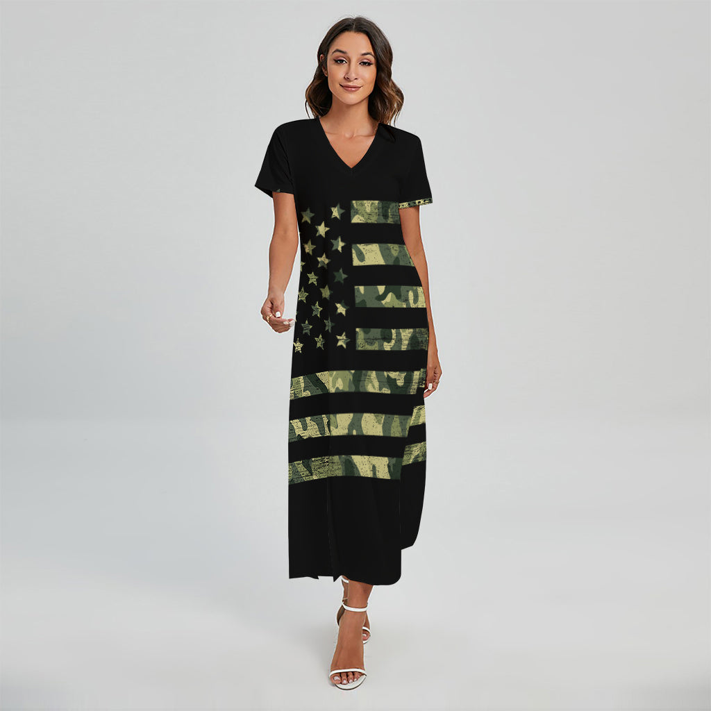 Camouflage American Flag Print Short Sleeve Maxi Dress
