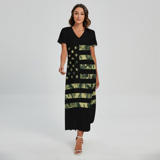 Camouflage American Flag Print Short Sleeve Maxi Dress