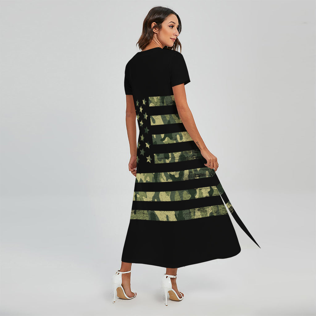 Camouflage American Flag Print Short Sleeve Maxi Dress