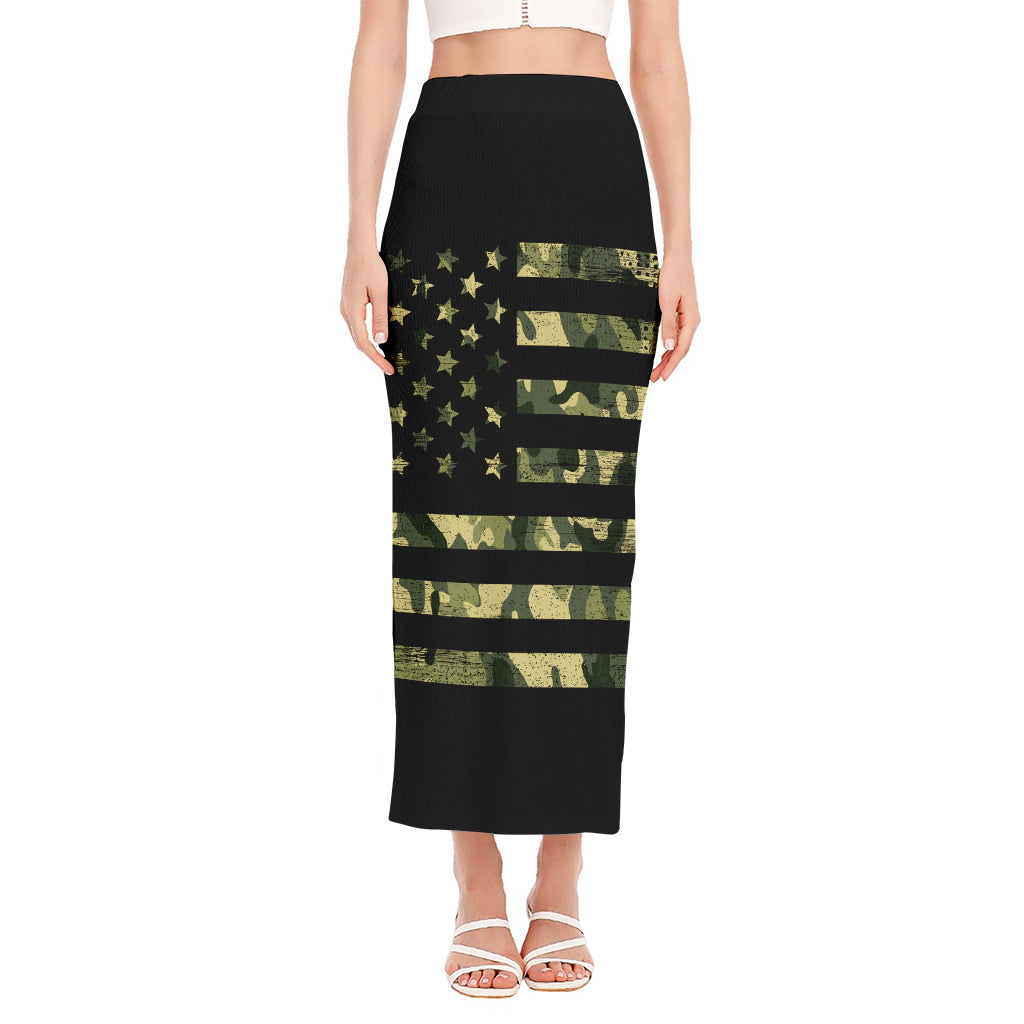 Camouflage American Flag Print Side Slit Maxi Skirt