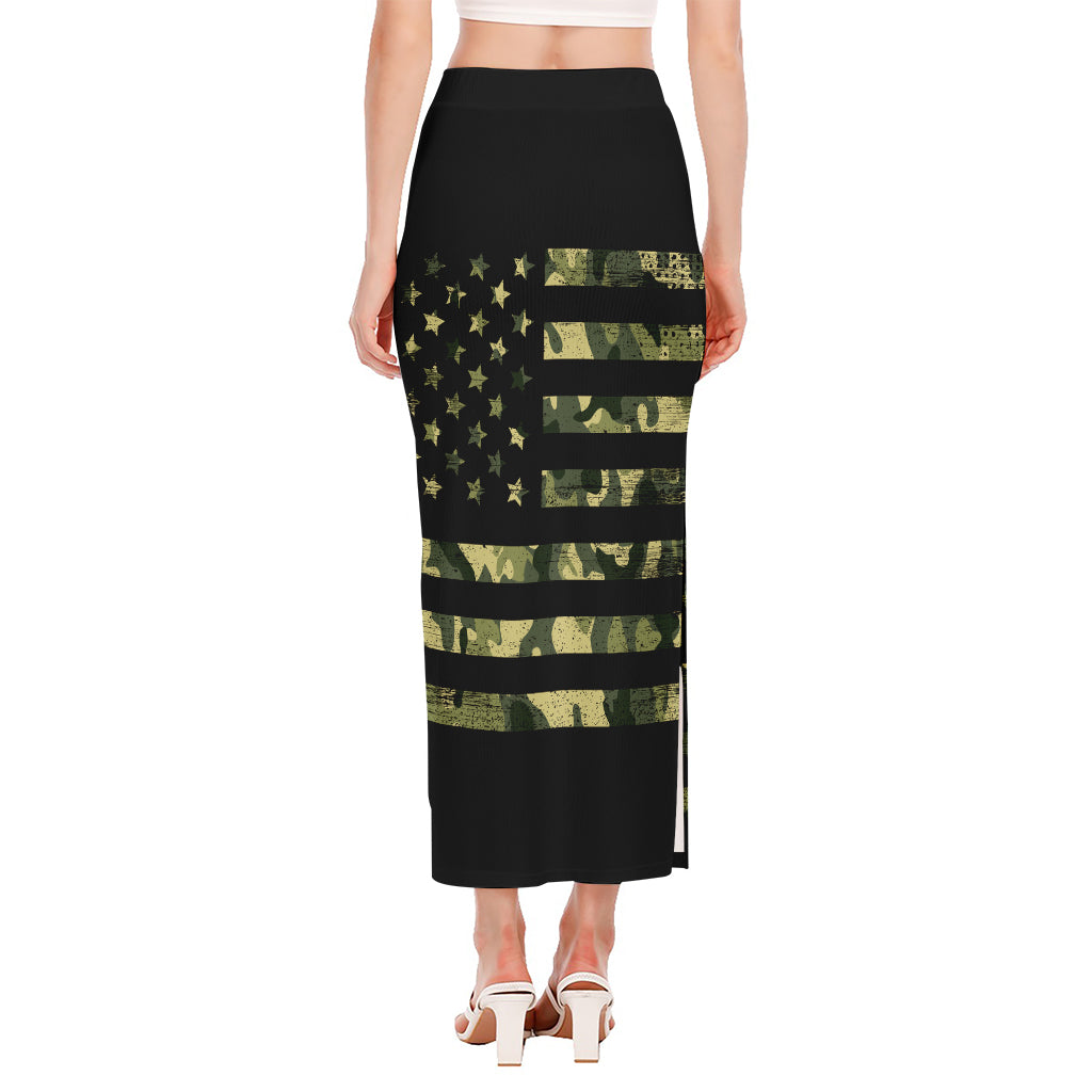 Camouflage American Flag Print Side Slit Maxi Skirt