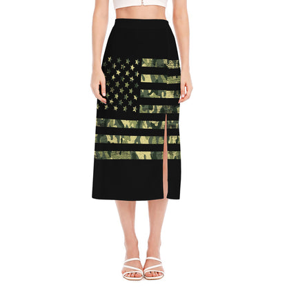 Camouflage American Flag Print Side Slit Midi Skirt