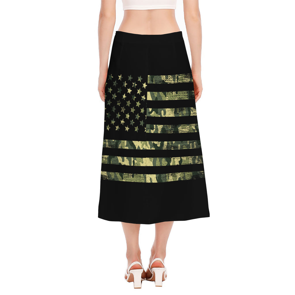 Camouflage American Flag Print Side Slit Midi Skirt
