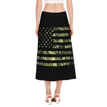Camouflage American Flag Print Side Slit Midi Skirt