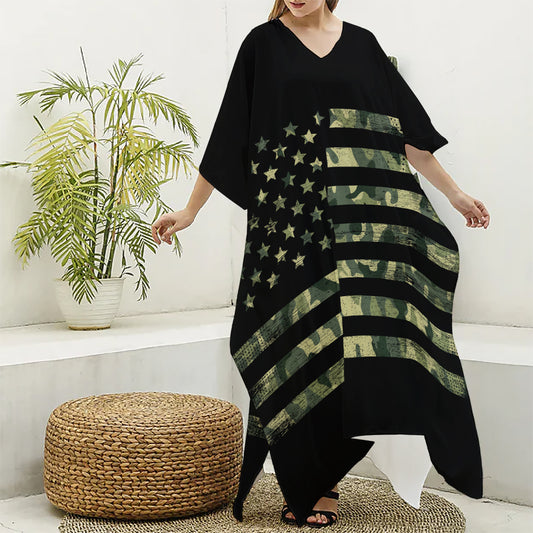 Camouflage American Flag Print Silk V-Neck Kaftan Dress
