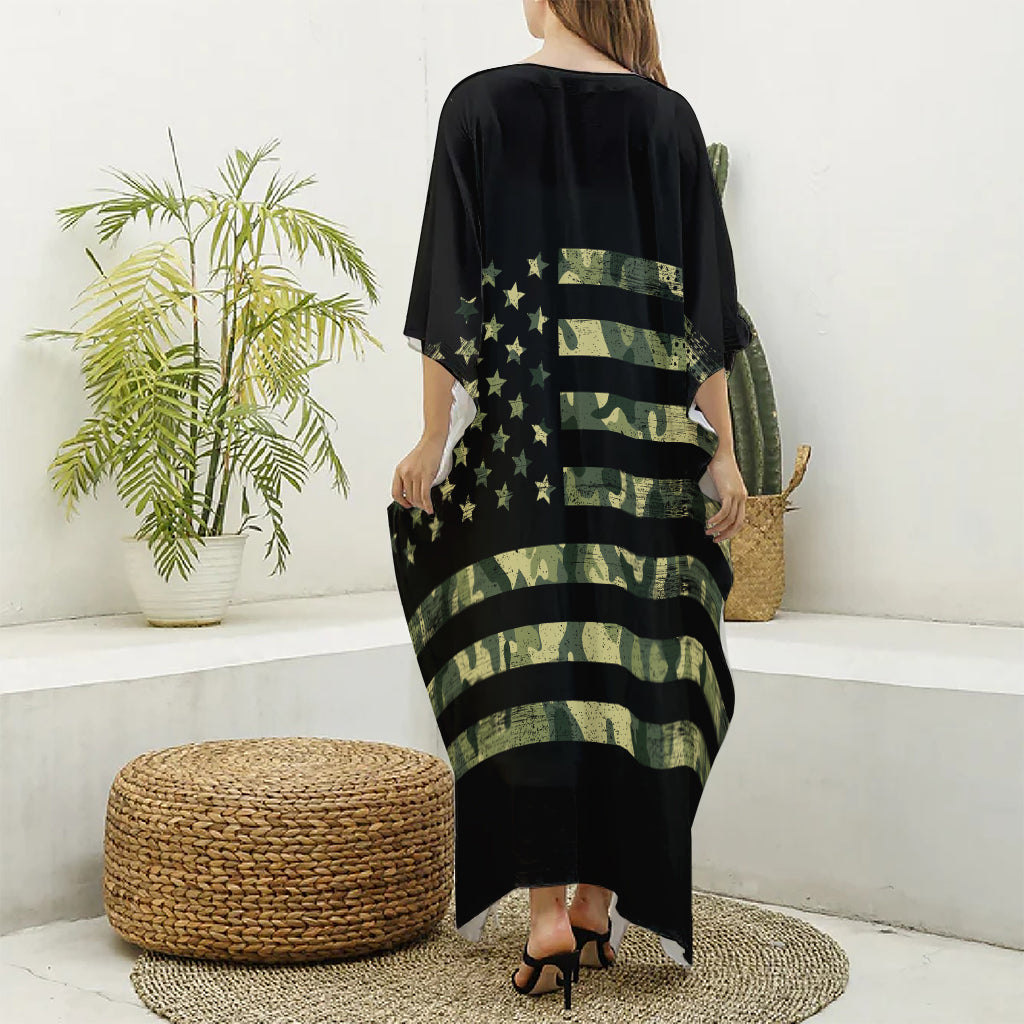 Camouflage American Flag Print Silk V-Neck Kaftan Dress
