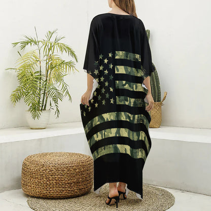 Camouflage American Flag Print Silk V-Neck Kaftan Dress