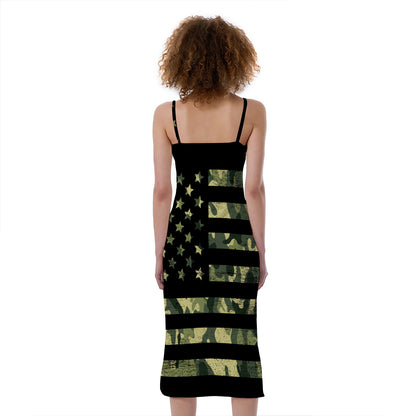 Camouflage American Flag Print Slim Fit Midi Cami Dress