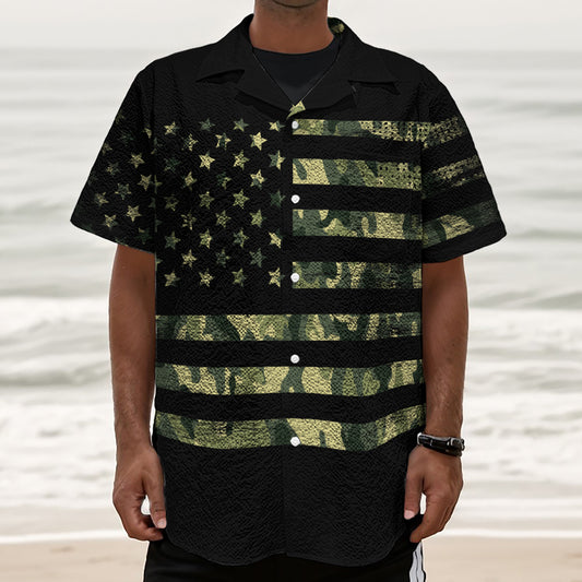 Camouflage American Flag Print Textured Short Sleeve Shirt