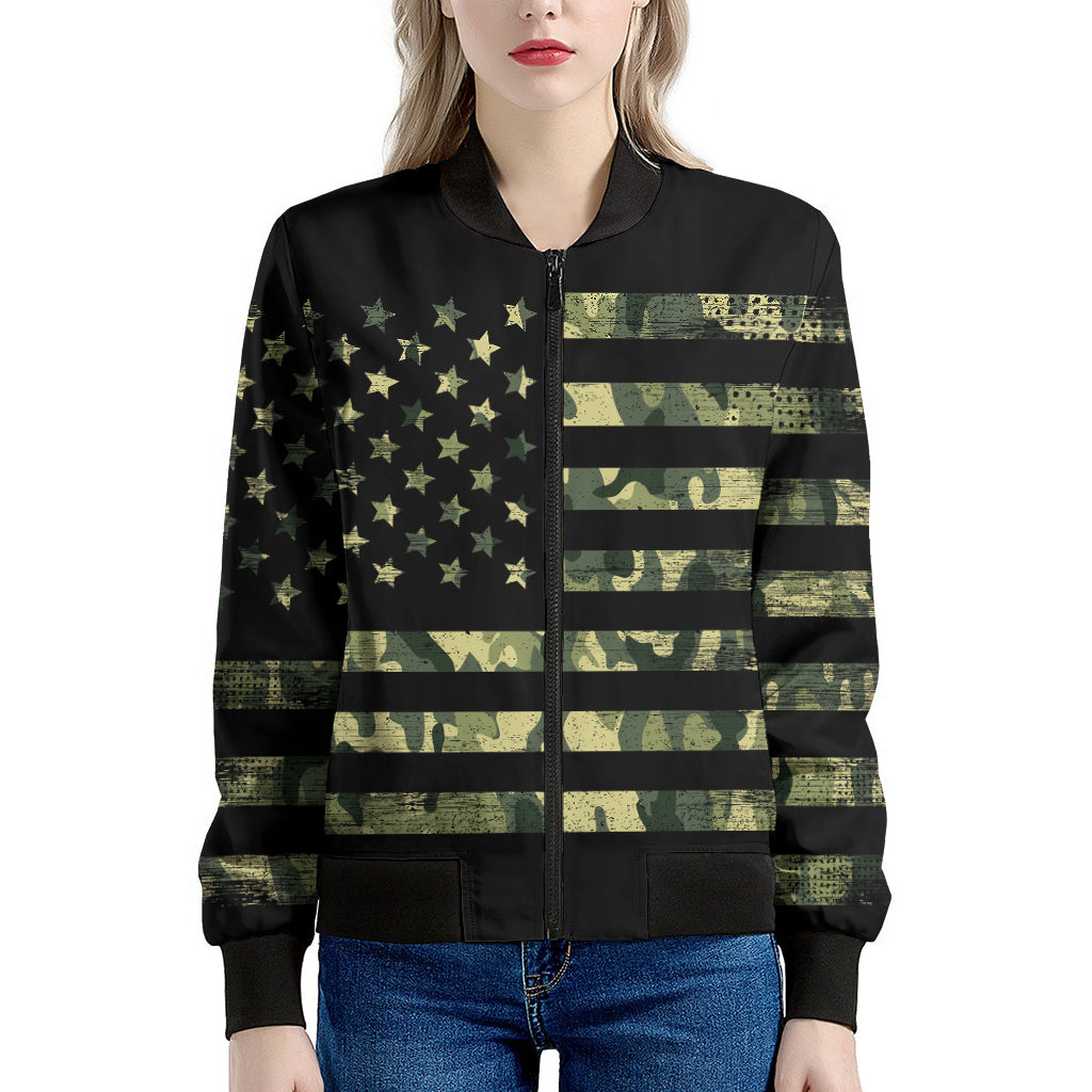 Camouflage American Flag Print Women's Bomber Jacket