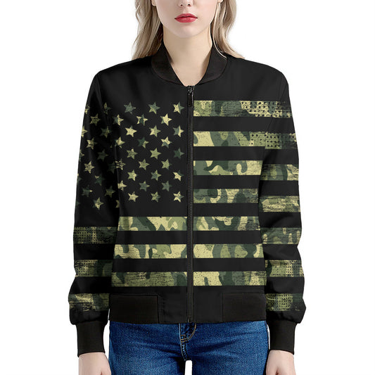 Camouflage American Flag Print Women's Bomber Jacket