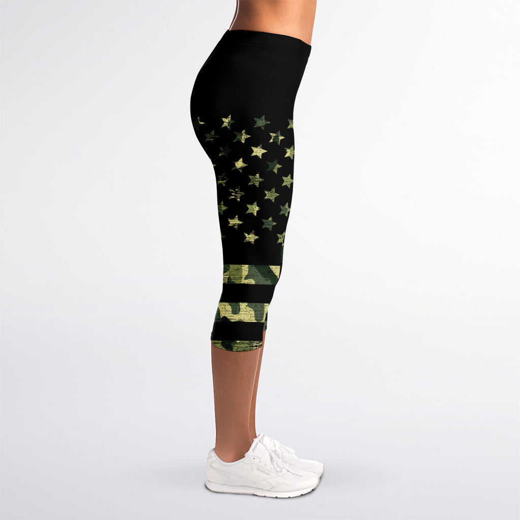 Camouflage American Flag Print Women's Capri Leggings