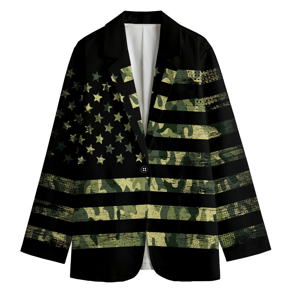 Camouflage American Flag Print Women's Cotton Blazer
