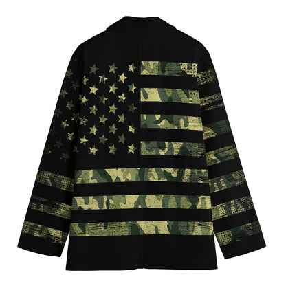 Camouflage American Flag Print Women's Cotton Blazer