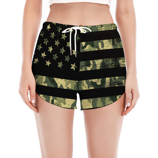 Camouflage American Flag Print Women's Split Running Shorts