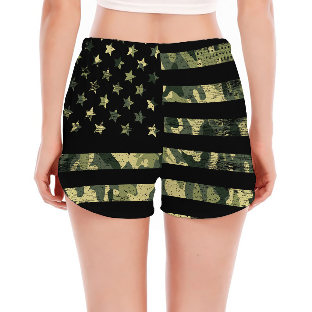 Camouflage American Flag Print Women's Split Running Shorts