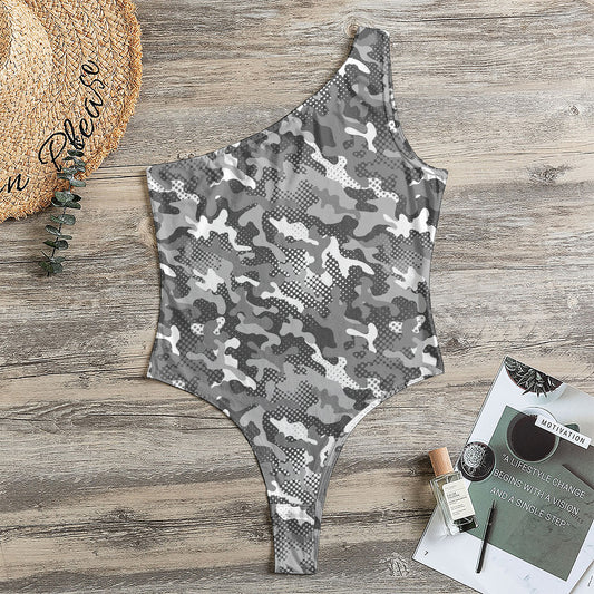 Camouflage Dazzle Pattern Print One Shoulder Bodysuit