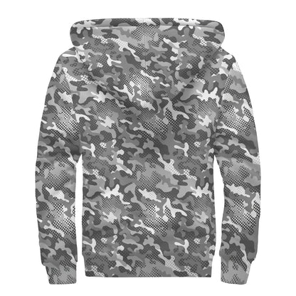 Camouflage Dazzle Pattern Print Sherpa Lined Zip Up Hoodie