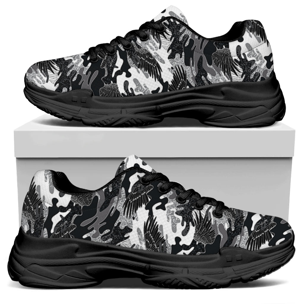 Camouflage Dazzle Wings Pattern Print Black Chunky Shoes