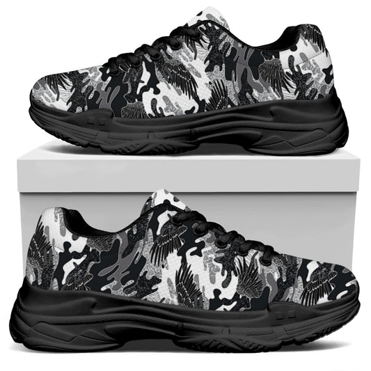 Camouflage Dazzle Wings Pattern Print Black Chunky Shoes
