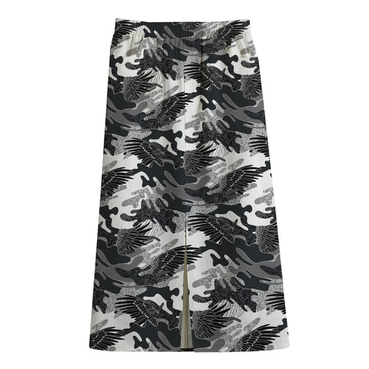 Camouflage Dazzle Wings Pattern Print Cotton Front Slit Maxi Skirt