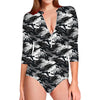 Camouflage Dazzle Wings Pattern Print Long Sleeve Swimsuit