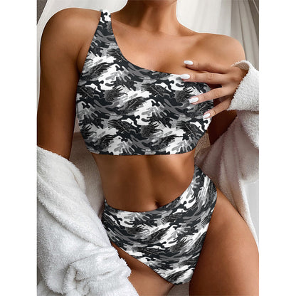 Camouflage Dazzle Wings Pattern Print One Shoulder Bikini Top