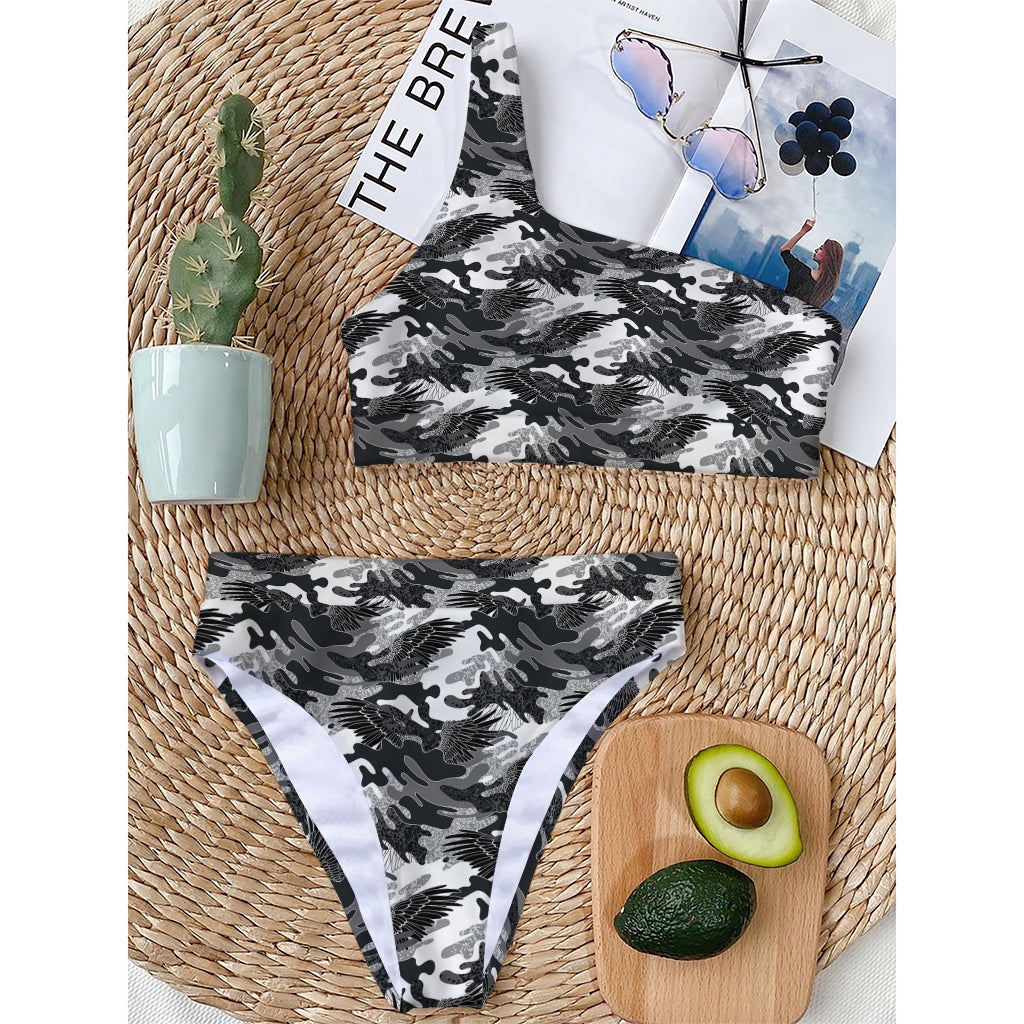 Camouflage Dazzle Wings Pattern Print One Shoulder Bikini Top