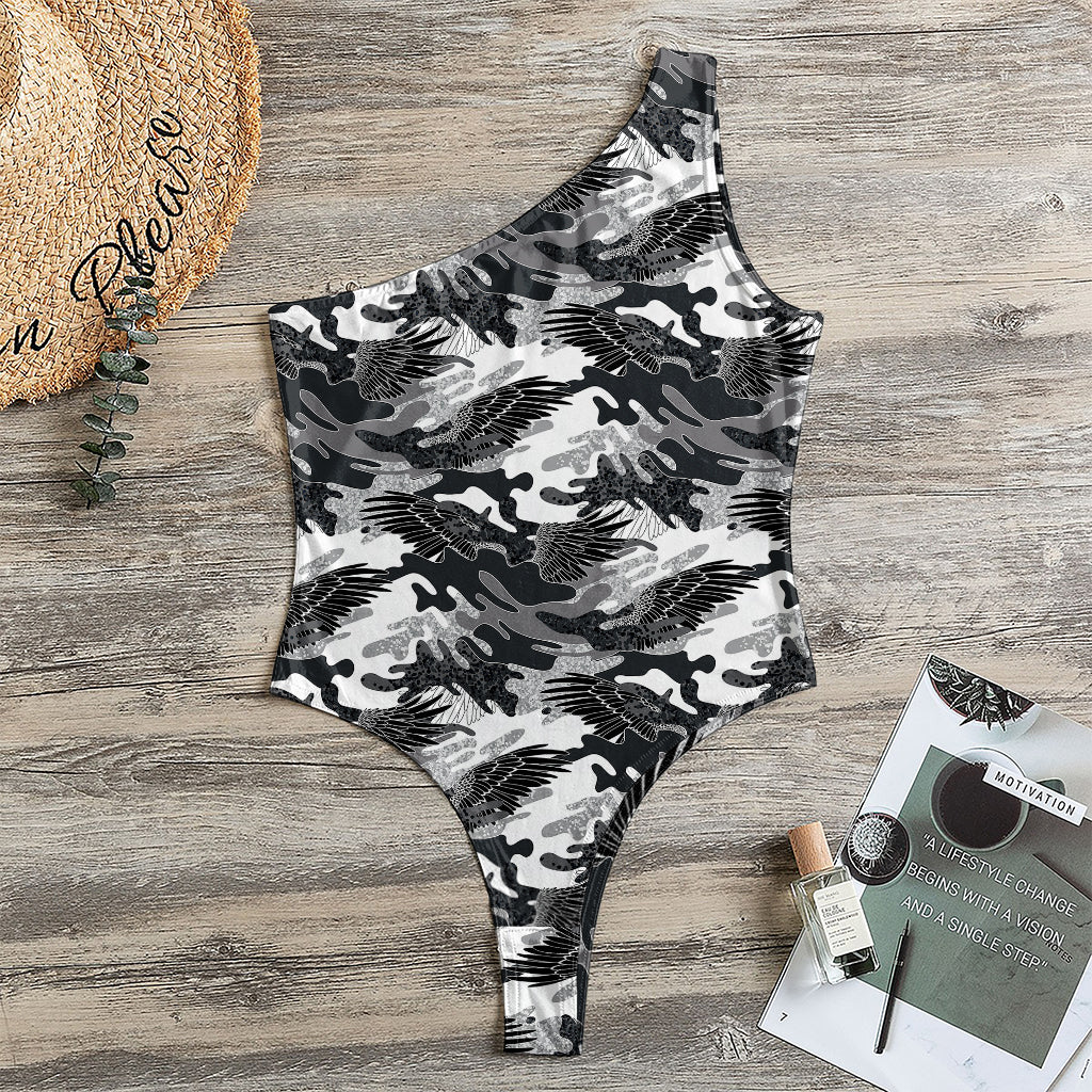 Camouflage Dazzle Wings Pattern Print One Shoulder Bodysuit