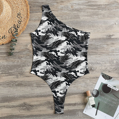 Camouflage Dazzle Wings Pattern Print One Shoulder Bodysuit