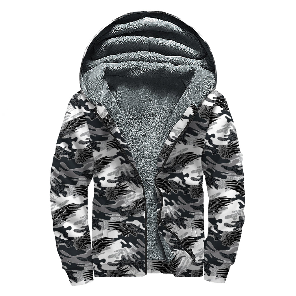 Camouflage Dazzle Wings Pattern Print Sherpa Lined Zip Up Hoodie