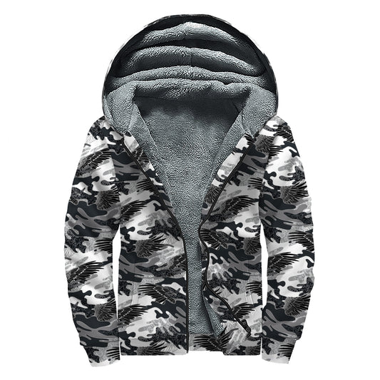 Camouflage Dazzle Wings Pattern Print Sherpa Lined Zip Up Hoodie
