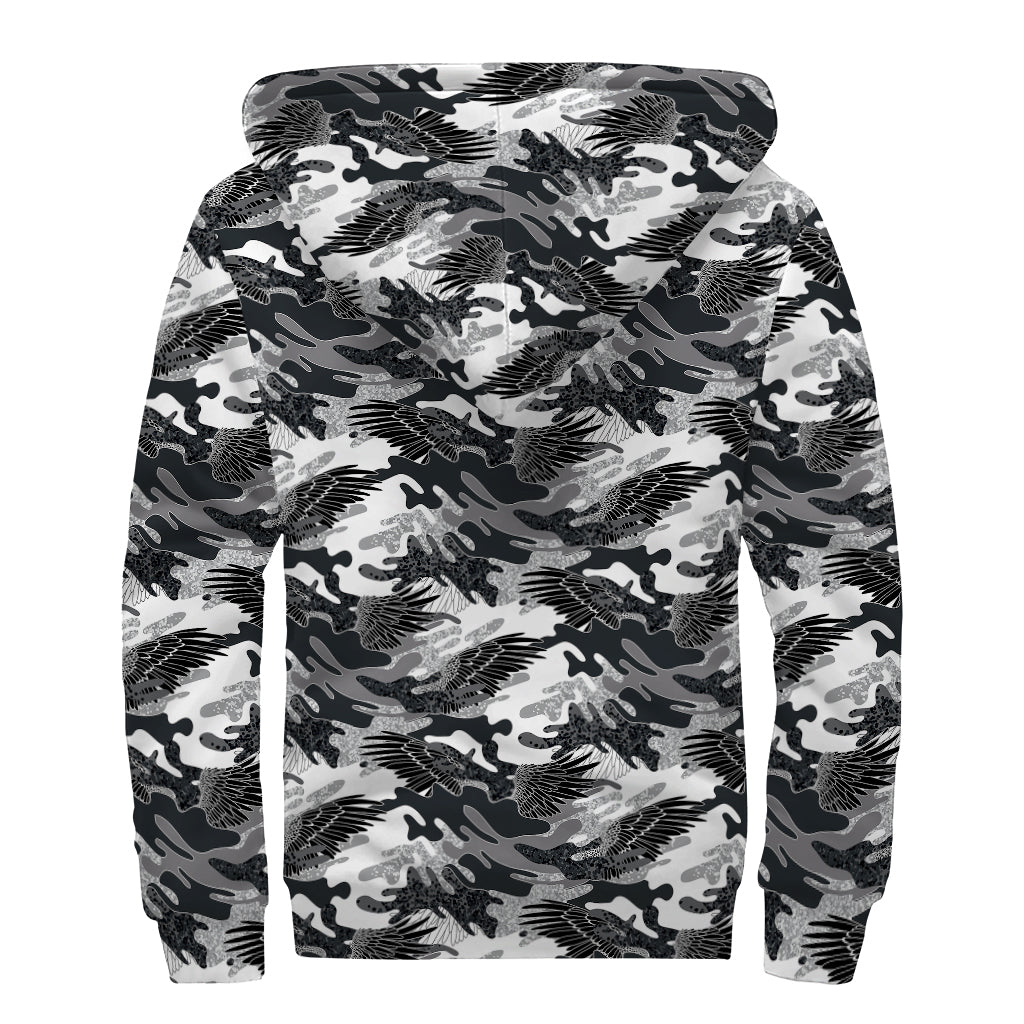 Camouflage Dazzle Wings Pattern Print Sherpa Lined Zip Up Hoodie