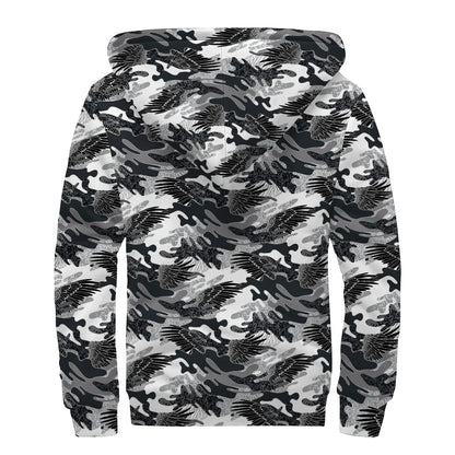 Camouflage Dazzle Wings Pattern Print Sherpa Lined Zip Up Hoodie