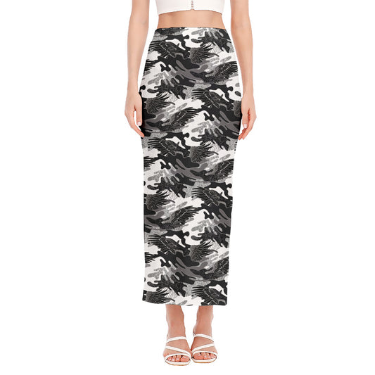 Camouflage Dazzle Wings Pattern Print Side Slit Maxi Skirt