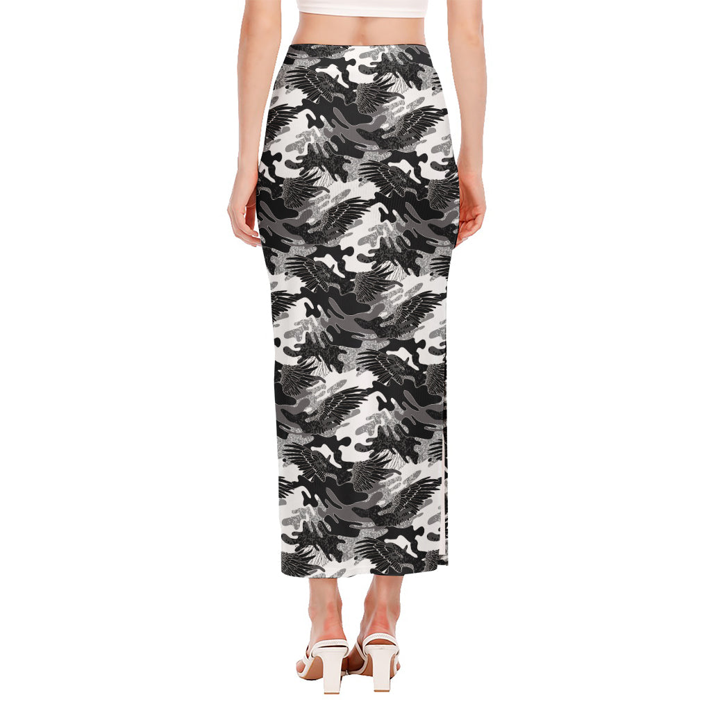 Camouflage Dazzle Wings Pattern Print Side Slit Maxi Skirt