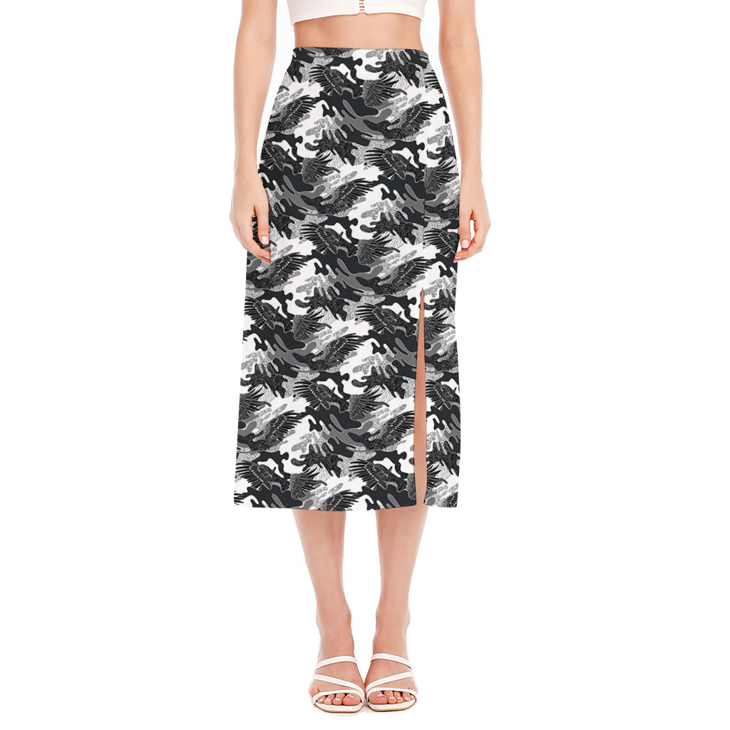 Camouflage Dazzle Wings Pattern Print Side Slit Midi Skirt