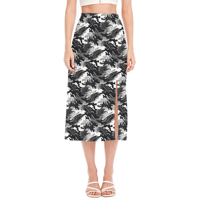 Camouflage Dazzle Wings Pattern Print Side Slit Midi Skirt