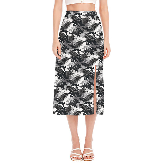 Camouflage Dazzle Wings Pattern Print Side Slit Midi Skirt