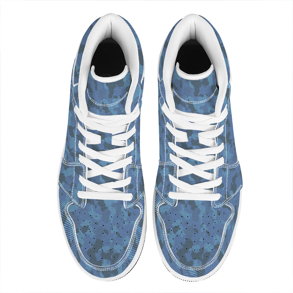 Camouflage Denim Jeans Pattern Print High Top Leather Sneakers
